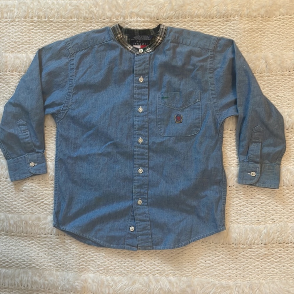 Vintage Tommy Hilfiger collarless blue shirt boys M - Picture 1 of 9